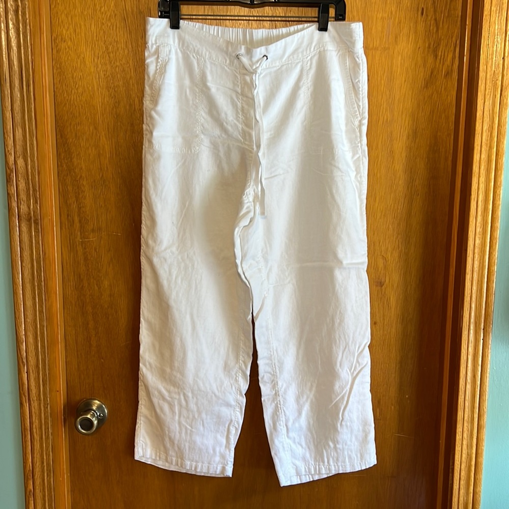 White Linen Pull on Drawstring Waist Casual Pants Like New Petite Medium